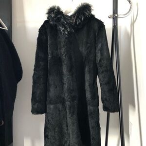 Black Hooded Rabbit Fur Coat with Contrast Fur Trim